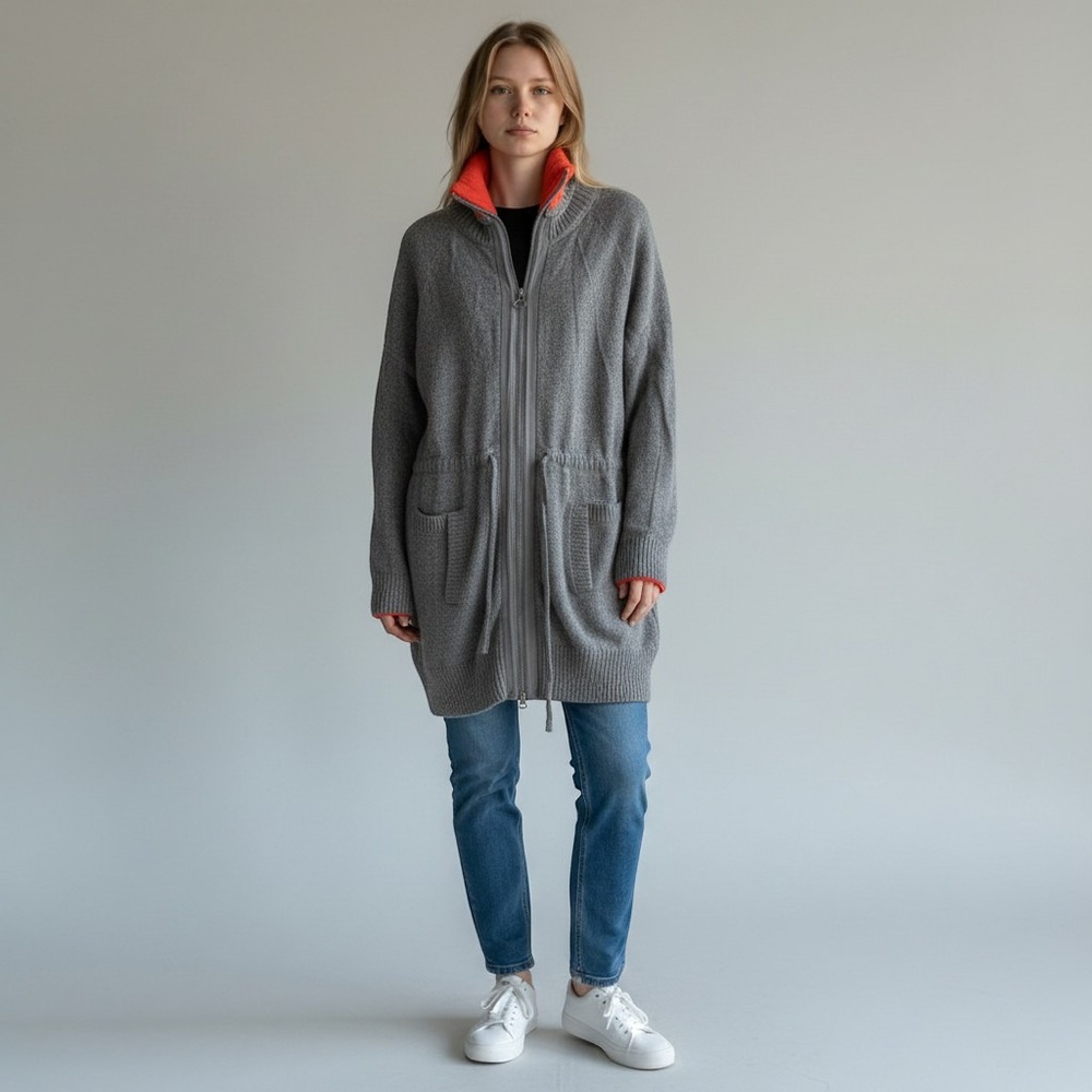 Fisherman Sparrow Lambswool Gray Cable knit zip Cardigan w/ red accent Sz L